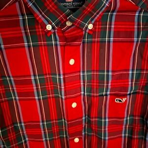 Vineyard Vines Men's Red and Green Plaid Shirt